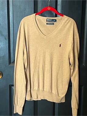 Ralph Lauren Men’s V-Neck Sweater in Camel with Red Polo Logo